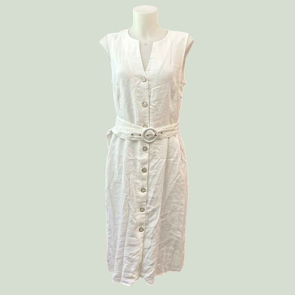 J. McLaughlin Solid White Bettina Buttondown White Belted Linen Midi sz 10 - New